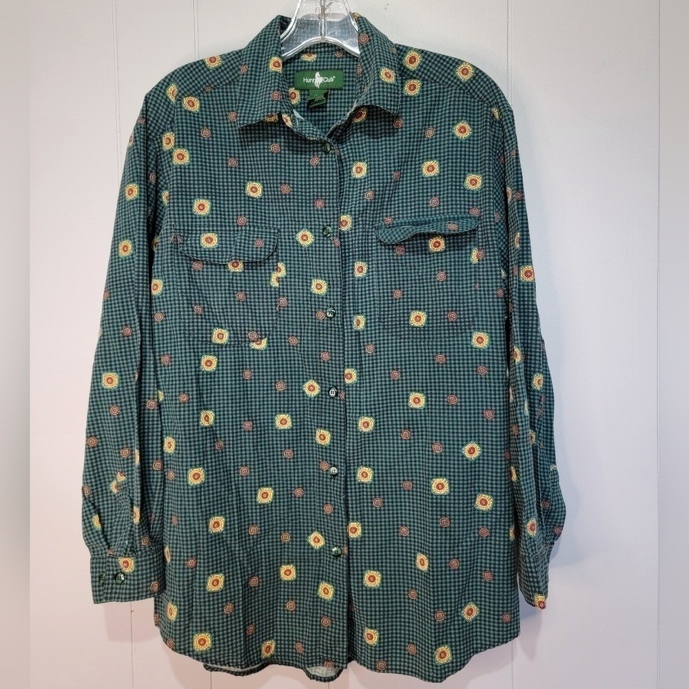 Hunt Club Mens Green Micro Check Medallion Button Down Shirt Medium Cotton Rayon